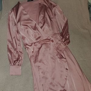 Shein pink high low wrap dress with long sleeves